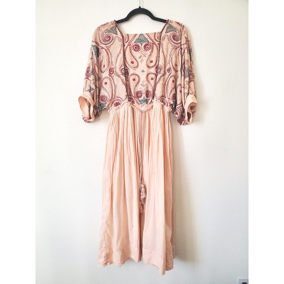 Free People S Mesa Embroidered Cut-Out Midi Dress Beaded Tassels Bohemian Boho - Picture 2 of 16